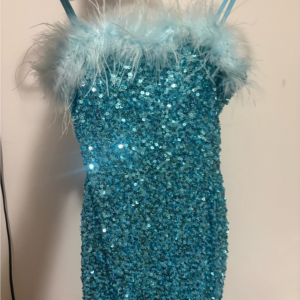 Sparkling Blue Sequin Dress with Feather Trim